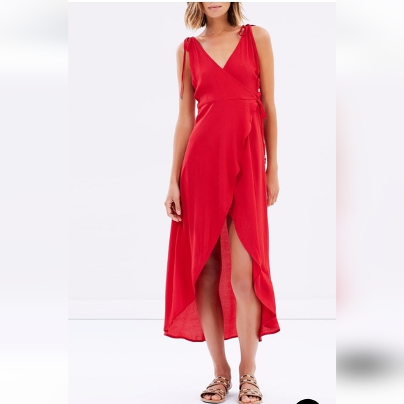Mink Pink wrap midi dress Red S XS strappy tie waist frill hem cocktail v-neck - Picture 5 of 11